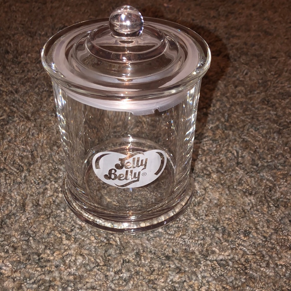 Glass jelly bean jar with lid.